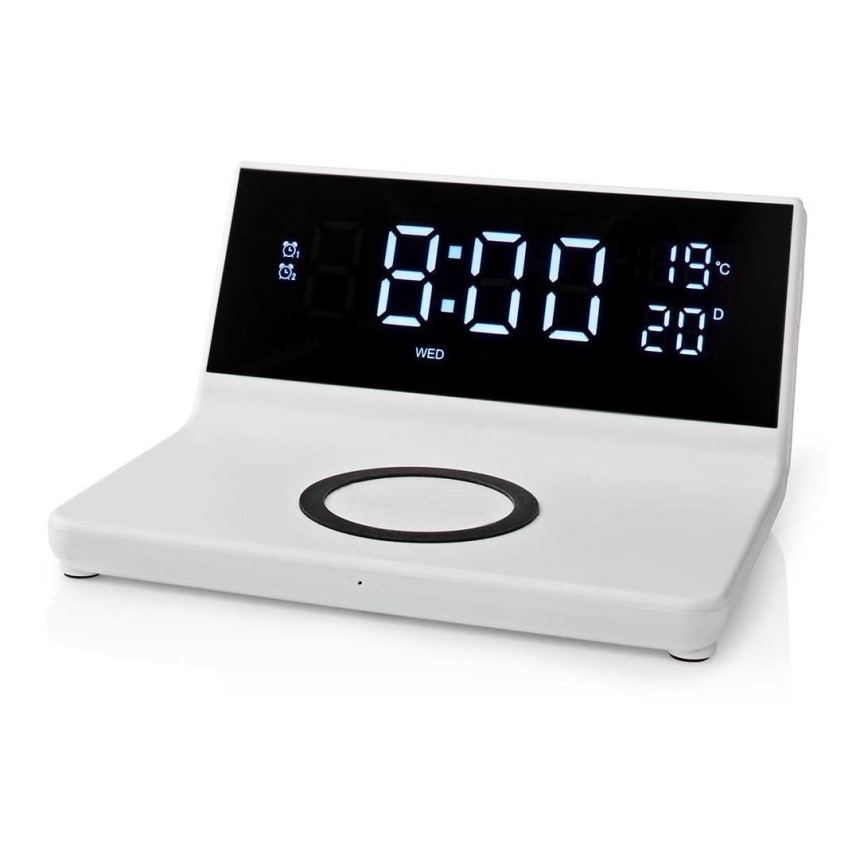 Budilica s LCD zaslonom i bežičnim punjačem 15W/230V + 1xCR2032 bijela