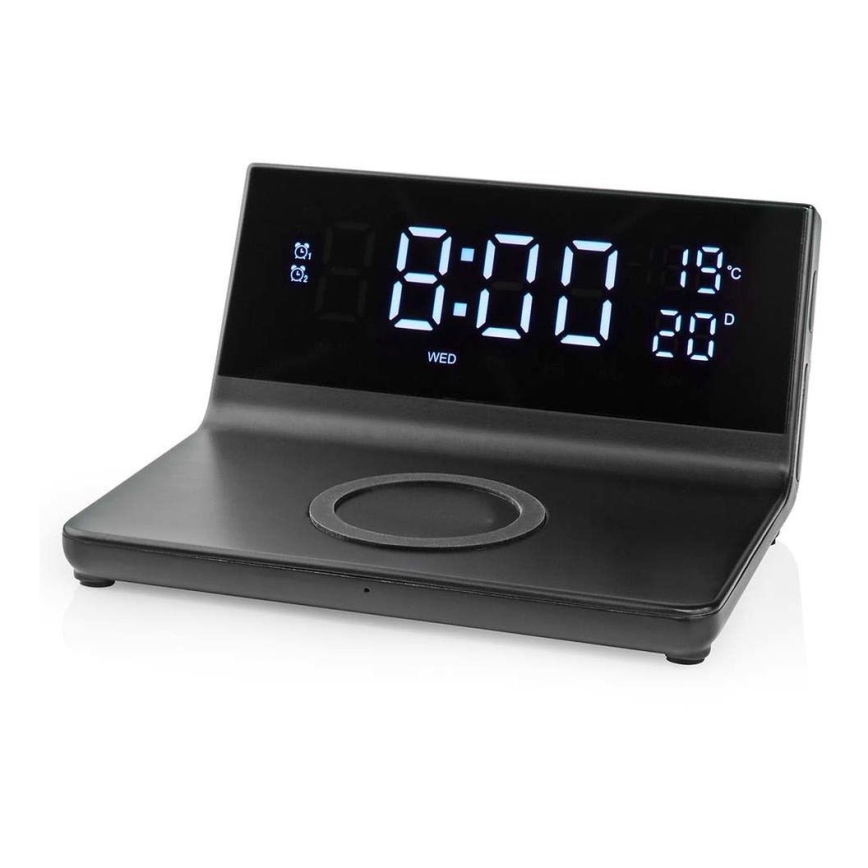 Budilica s LCD zaslonom i bežičnim punjačem 15W/230V + 1xCR2032 crna