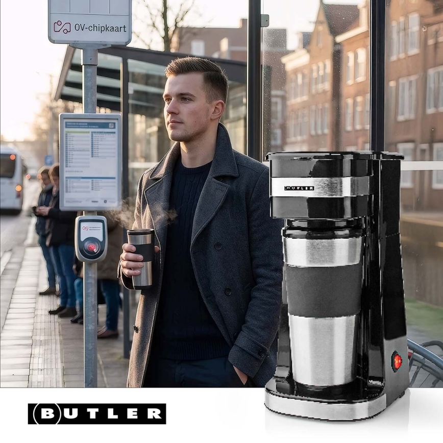 Butler - Aparat za jednu šalicu kave 0,4 l s putnom šalicom 750W/230V nehrđajući čelik/crna