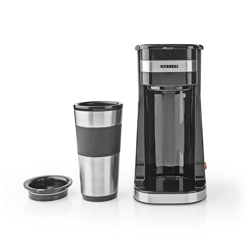 Butler - Aparat za jednu šalicu kave 0,4 l s putnom šalicom 750W/230V nehrđajući čelik/crna