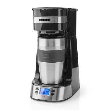 Butler - aparat za kavu za jednu šalicu 0,4 l s tajmerom i putnom šalicom 750W/230V nehrđajući čelik/crna