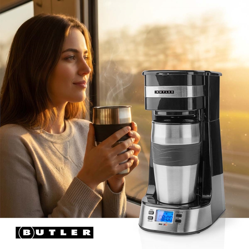 Butler - aparat za kavu za jednu šalicu 0,4 l s tajmerom i putnom šalicom 750W/230V nehrđajući čelik/crna