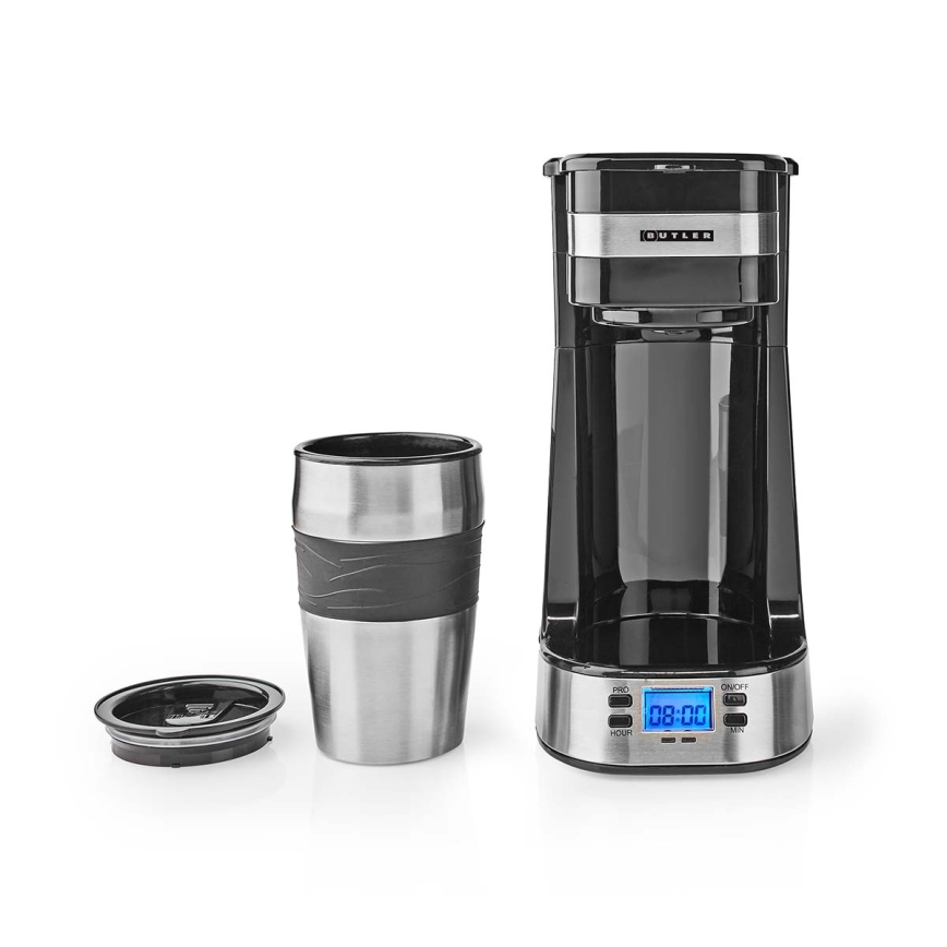 Butler - aparat za kavu za jednu šalicu 0,4 l s tajmerom i putnom šalicom 750W/230V nehrđajući čelik/crna