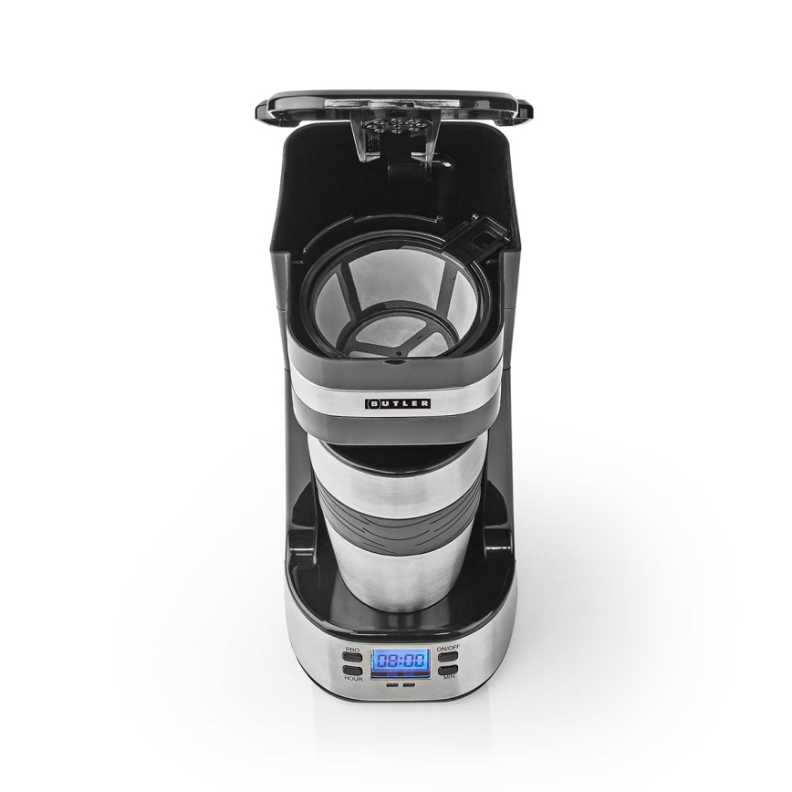 Butler - aparat za kavu za jednu šalicu 0,4 l s tajmerom i putnom šalicom 750W/230V nehrđajući čelik/crna