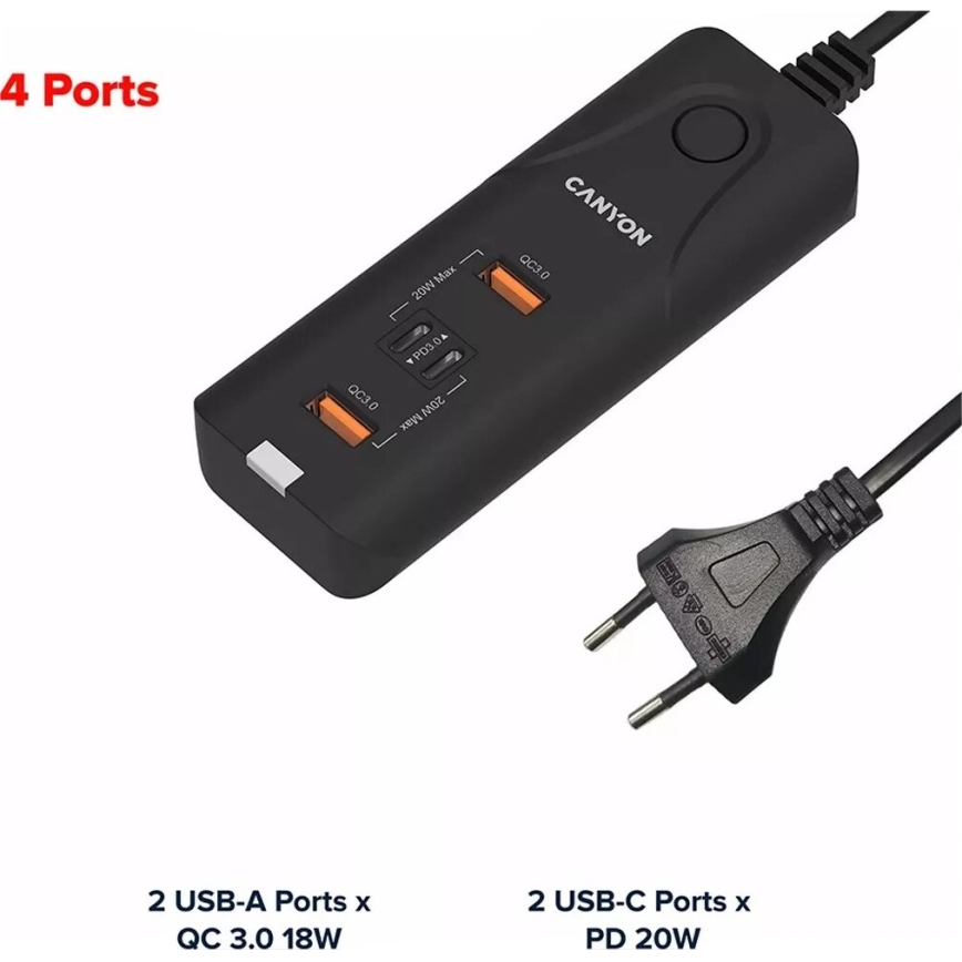 Canyon - Punjač 2xUSB A + 2xUSB C Power Delivery 20W