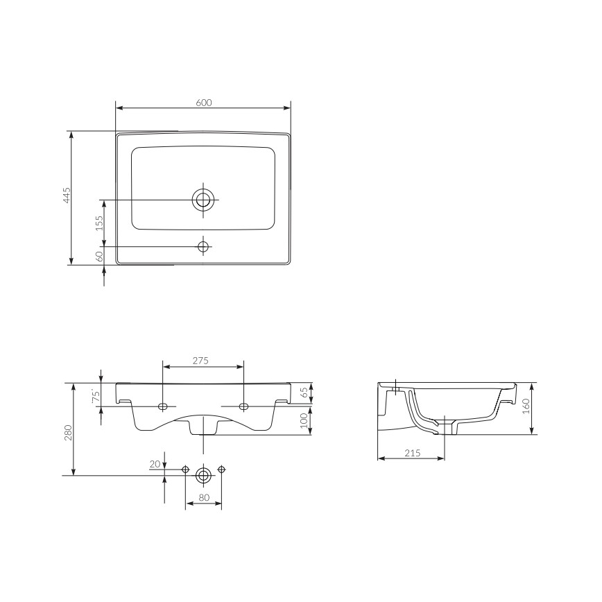 Cersanit K114-006 - Ugradbeni umivaonik CREA 44,5x60 cm keramika/sjajna bijela