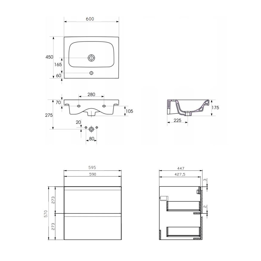 Cersanit S801-223-DSM - Viseći kupaonski ormarić s umivaonikom MODUO 60x45 cm, bijela visokog sjaja