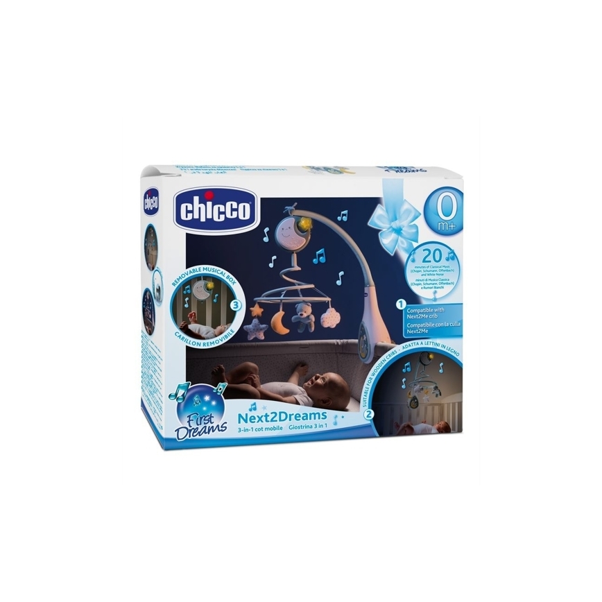 Chicco - Vrtuljak za krevetić s melodijama 3u1 NEXT2DREAMS 3xAA plava