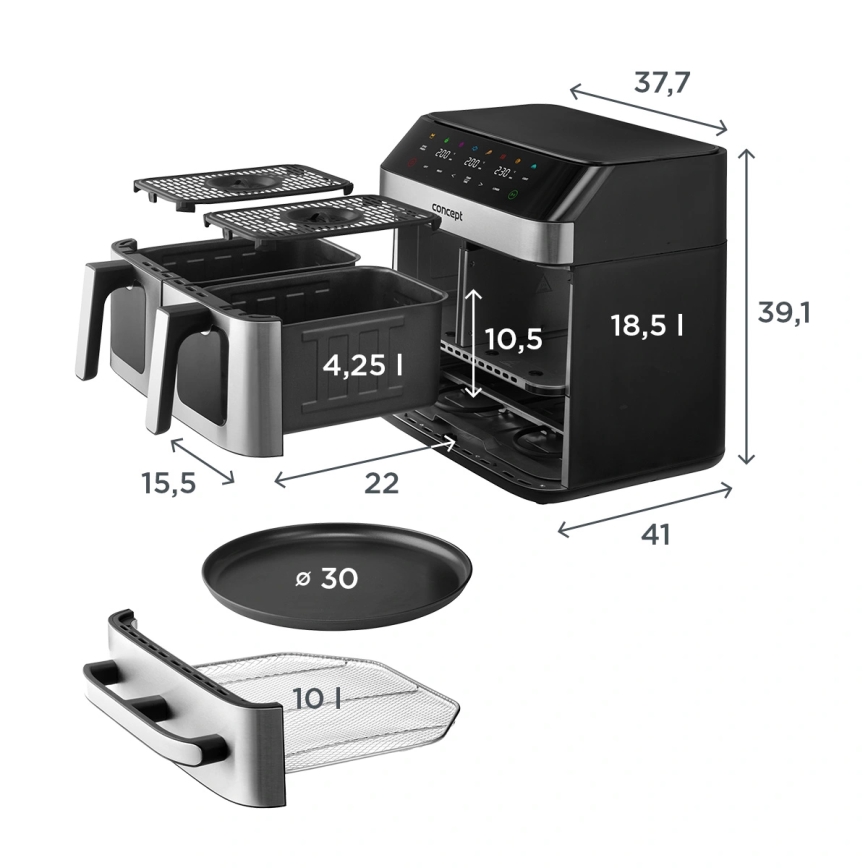 Concept FR9000 - Friteza na vrući zrak PIZZA TRIO 18,5 l 2700W/230V nehrđajući čelik/crna