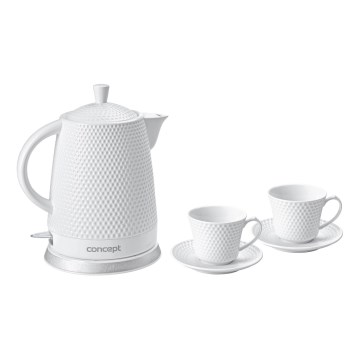 Concept RK0040 - Električno kuhalo za vodu 1,5 l 1500 W/230 V bijelo/keramika + 2 šalice s tanjurićima