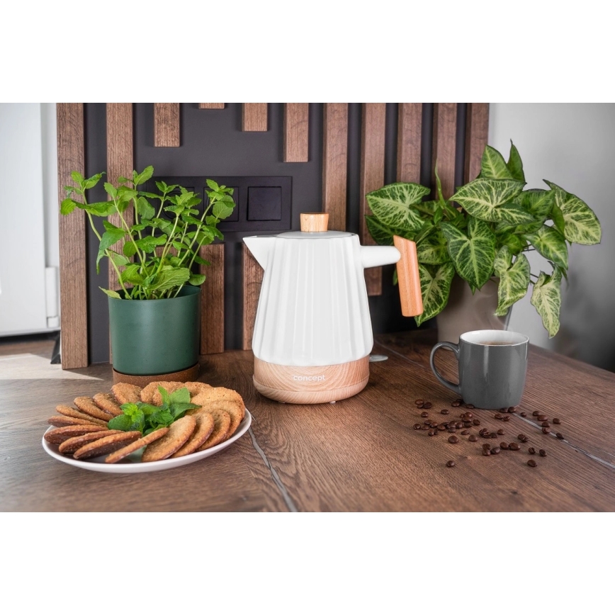 Concept RK0090 - Električno kuhalo za vodu 1,5 l 1500W/230V bijelo/drveni dekor/keramika