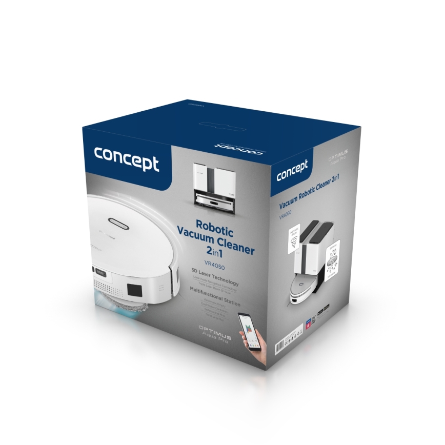 Concept VR4050 - Pametni robotski usisavač s mopom 2u1 OPTIMUS AQUA PRO LASER 3D 600W/230V 5200 mAh Wi-Fi bijeli