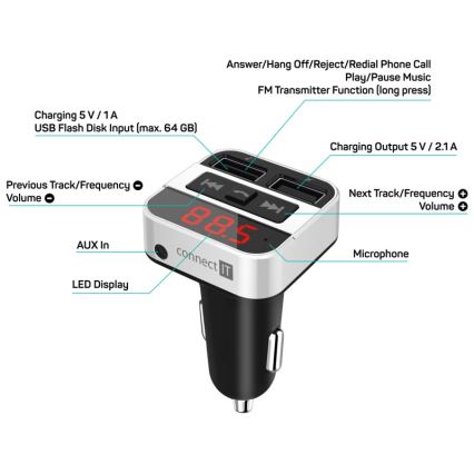 CONNECT IT CCC-8800-SL - FM predajnik za auto s funkcijom handsfree crna/srebrna