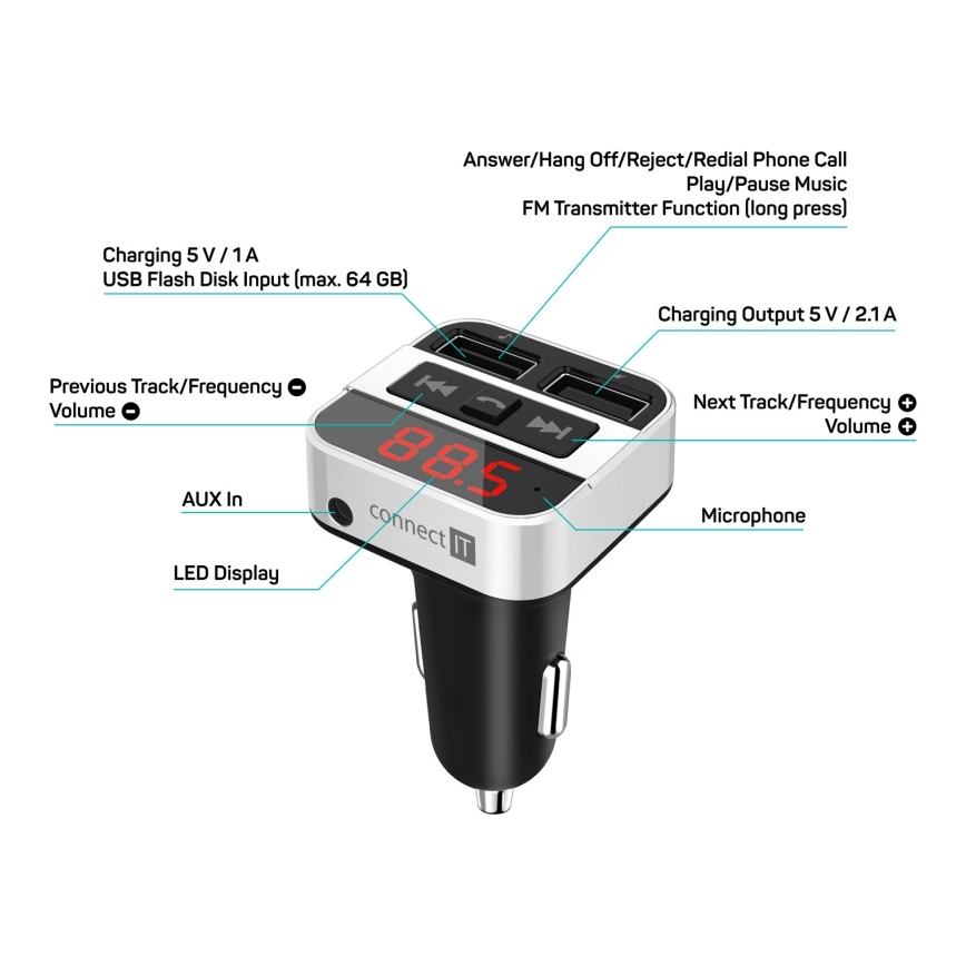 CONNECT IT CCC-8800-SL - FM transmiter za auto s handsfree funkcijom crna/srebrna