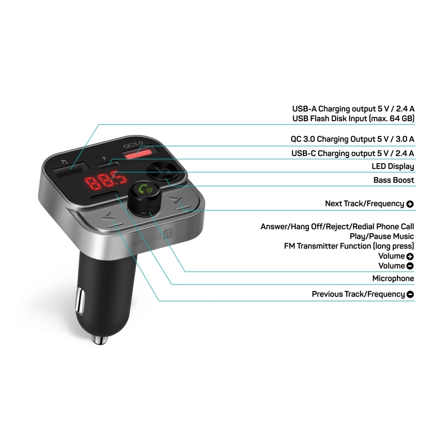 CONNECT IT CCC-8900-AN - FM transmiter za auto s handsfree funkcijom crna/srebrna