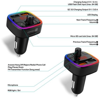 CONNECT IT CCC-9090-BK - LED RGB FM transmiter za auto s handsfree funkcijom crna