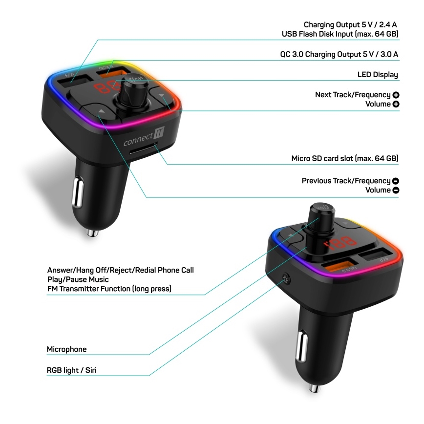 CONNECT IT CCC-9090-BK - LED RGB FM transmiter za auto s handsfree funkcijom crna