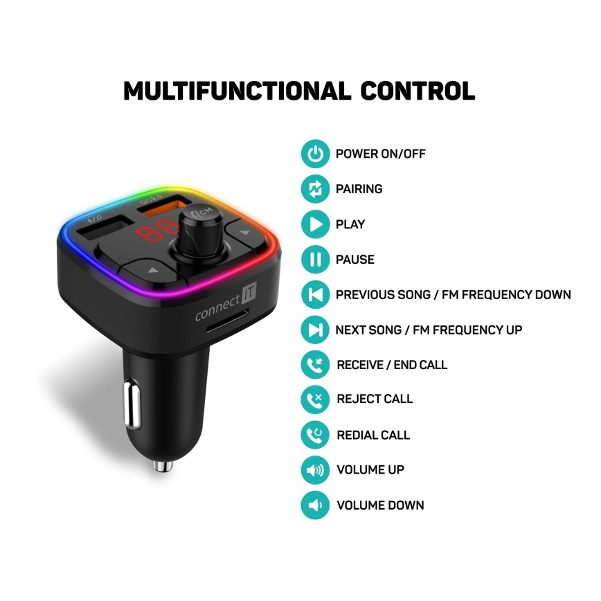 CONNECT IT CCC-9090-BK - LED RGB FM transmiter za auto s handsfree funkcijom crna
