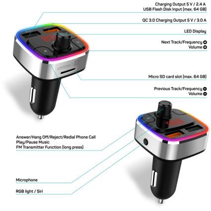 CONNECT IT CCC-9090-SL - LED RGB FM transmiter za auto s handsfree funkcijom crna/srebrna