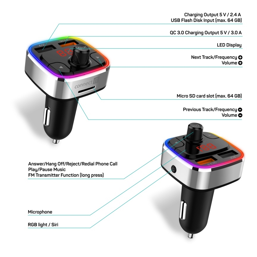 CONNECT IT CCC-9090-SL - LED RGB FM transmiter za auto s handsfree funkcijom crna/srebrna