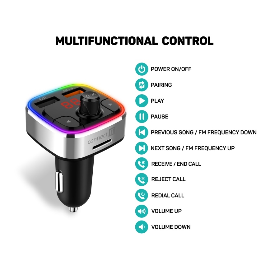 CONNECT IT CCC-9090-SL - LED RGB FM transmiter za auto s handsfree funkcijom crna/srebrna