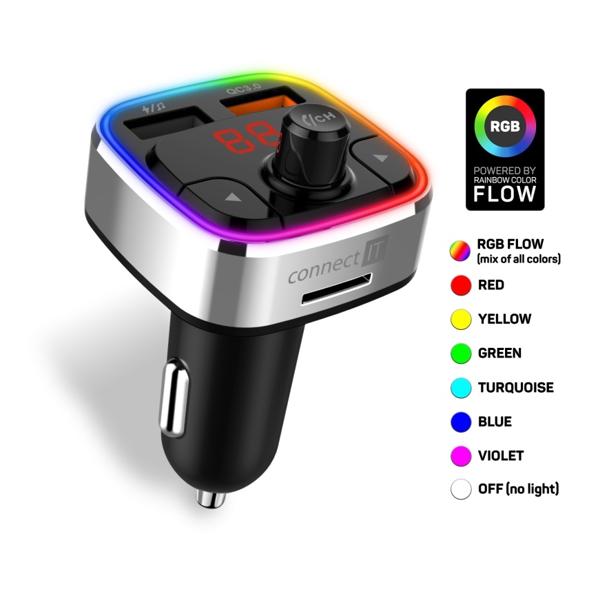 CONNECT IT CCC-9090-SL - LED RGB FM transmiter za auto s handsfree funkcijom crna/srebrna
