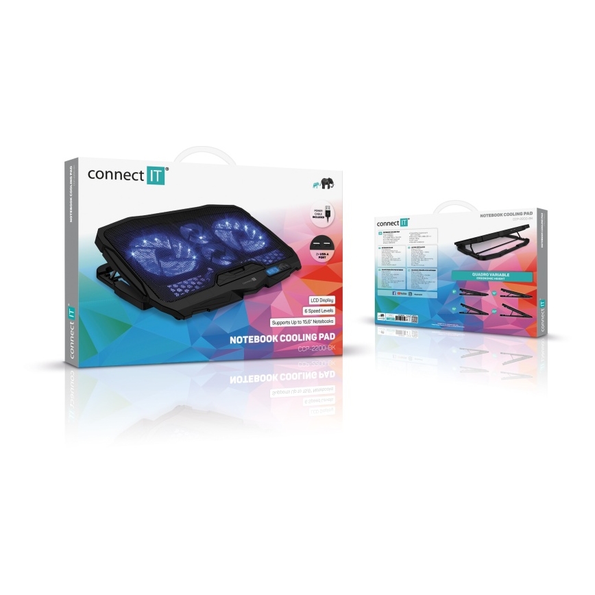 CONNECT IT CCP-2200-BK - Podloga za hlađenje laptopa 4x ventilator 2xUSB crna//plava
