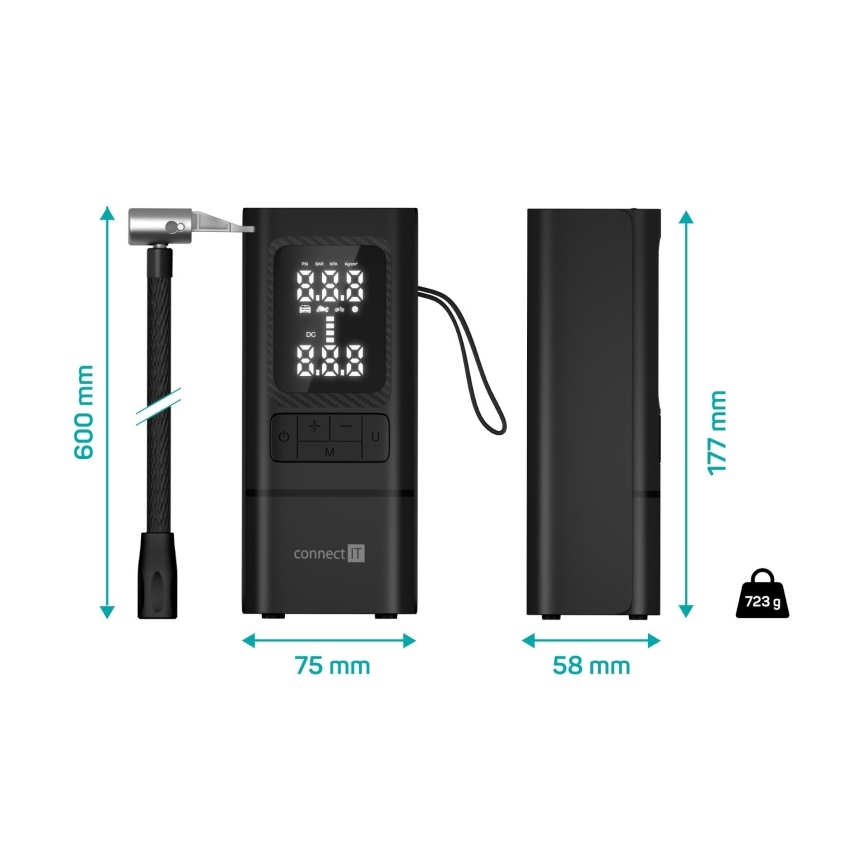 CONNECT IT CFF-4500-BK - Digitalni prijenosni kompresor AirFlow 80W/6000 mAh crni
