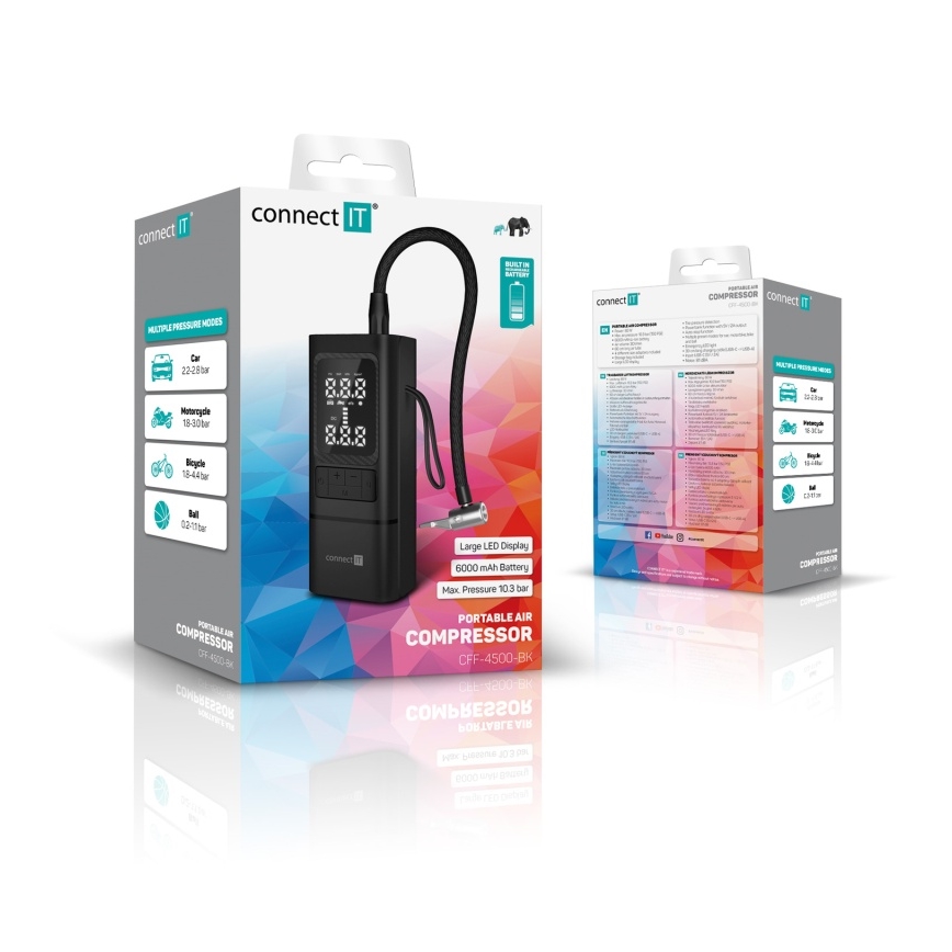 CONNECT IT CFF-4500-BK - Digitalni prijenosni kompresor AirFlow 80W/6000 mAh crni