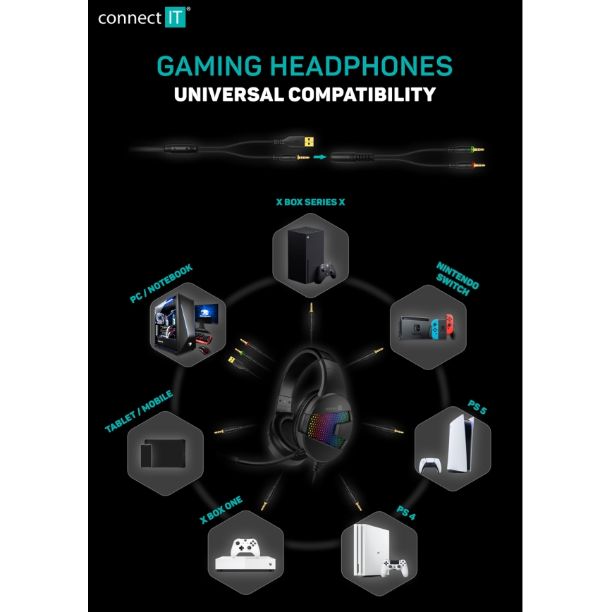 CONNECT IT CHP-5600-BK - LED RGB žičane gaming slušalice s mikrofonom crne boje