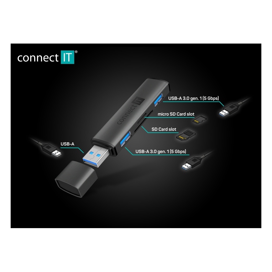 CONNECT IT CHU-4060-AN - USB-A hub s čitačem memorijskih kartica 4u1