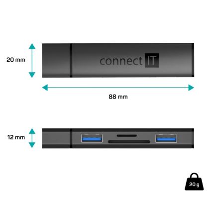 CONNECT IT CHU-4060-AN - USB-A hub s čitačem memorijskih kartica 4u1