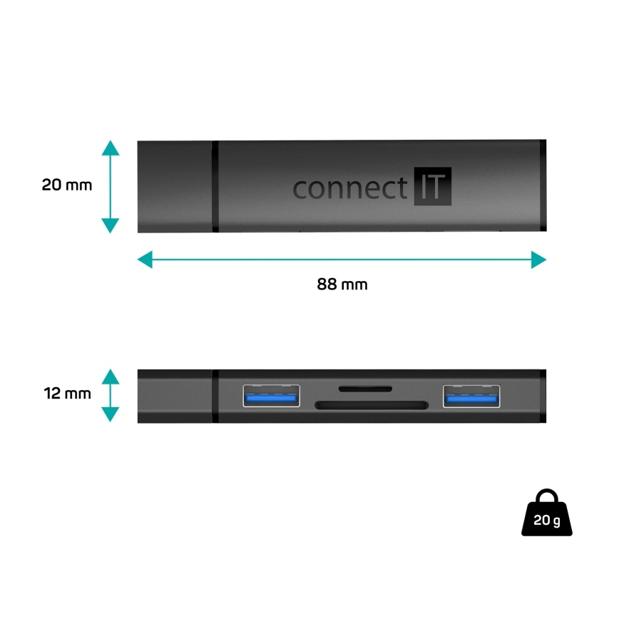 CONNECT IT CHU-4060-AN - USB-A hub s čitačem memorijskih kartica 4u1