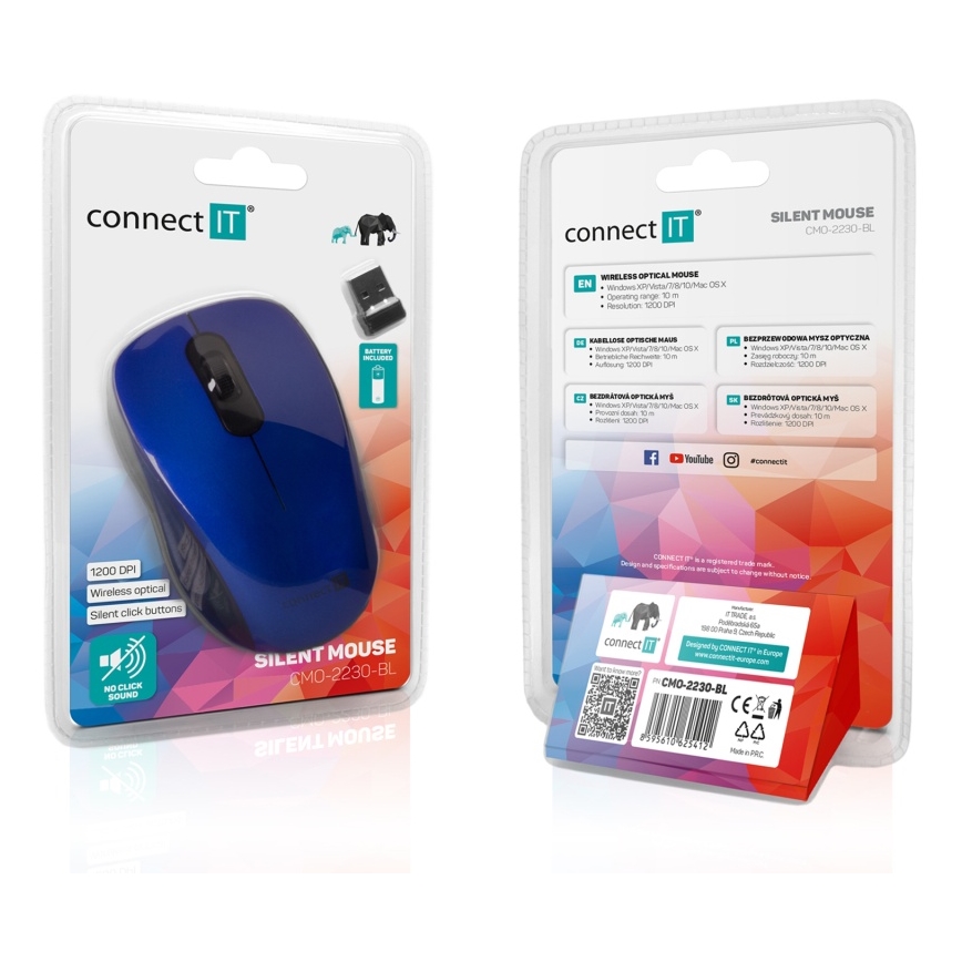 CONNECT IT CMO-2230-BL - Bežični tihi miš MUTE 1200 DPI 1xAA crna/plava