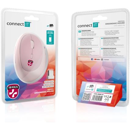 CONNECT IT CMO-2600-PK - Ergonomski bežični ružičasti miš 800/1200/1600 DPI 1xAA