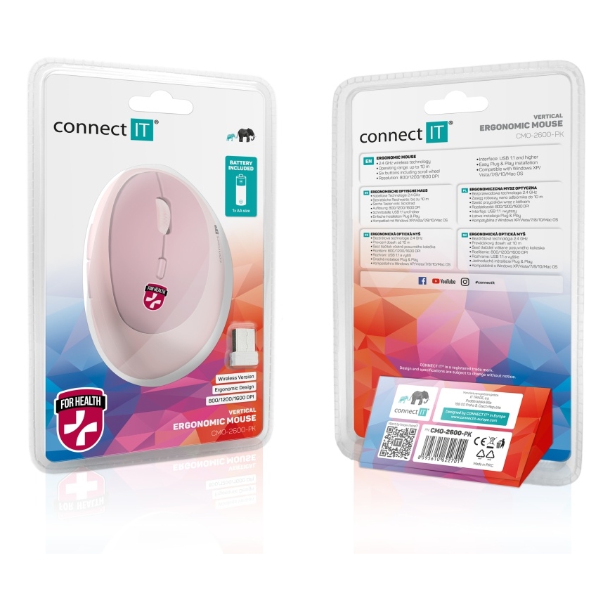 CONNECT IT CMO-2600-PK - Ergonomski bežični ružičasti miš 800/1200/1600 DPI 1xAA