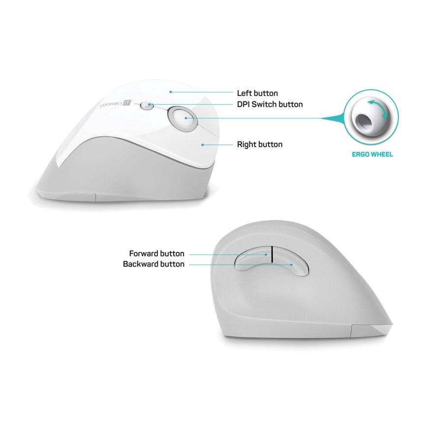 CONNECT IT CMO-2700-WH - Ergonomski bežični miš 800/1200/1600 DPI 1xAA bijela