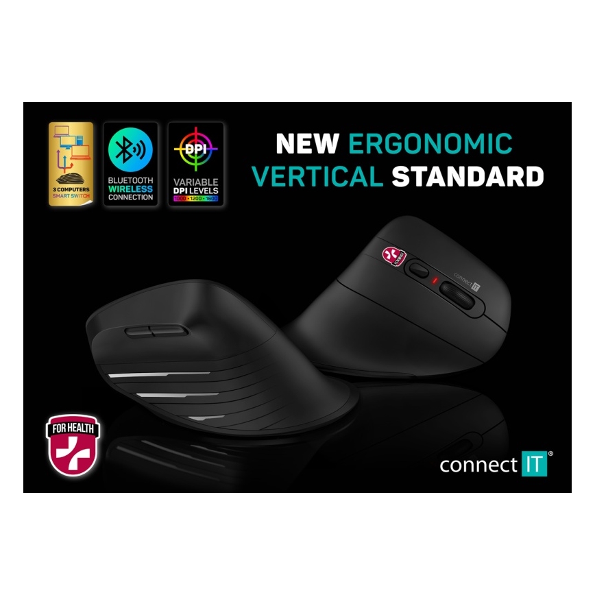 CONNECT IT CMO-2880-BK - Ergonomski bežični miš Verti TriMode 1000/1600/2400 DPI 2xAAA crni