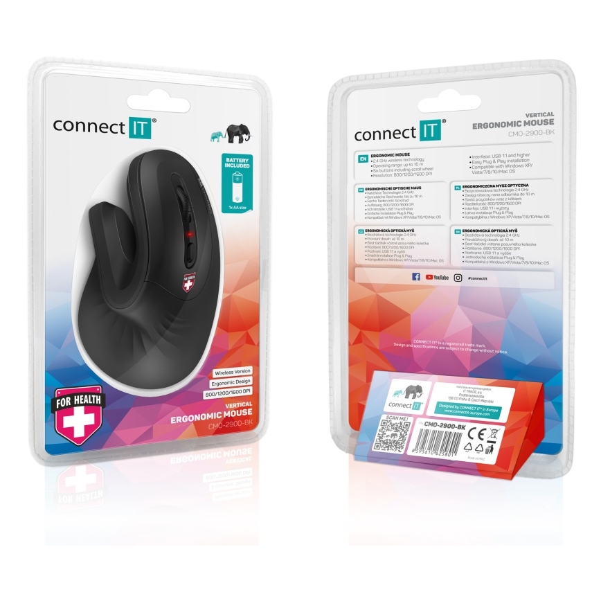 CONNECT IT CMO-2900-BK - Ergonomski bežični miš 800/1200/1600 DPI 1xAA crna