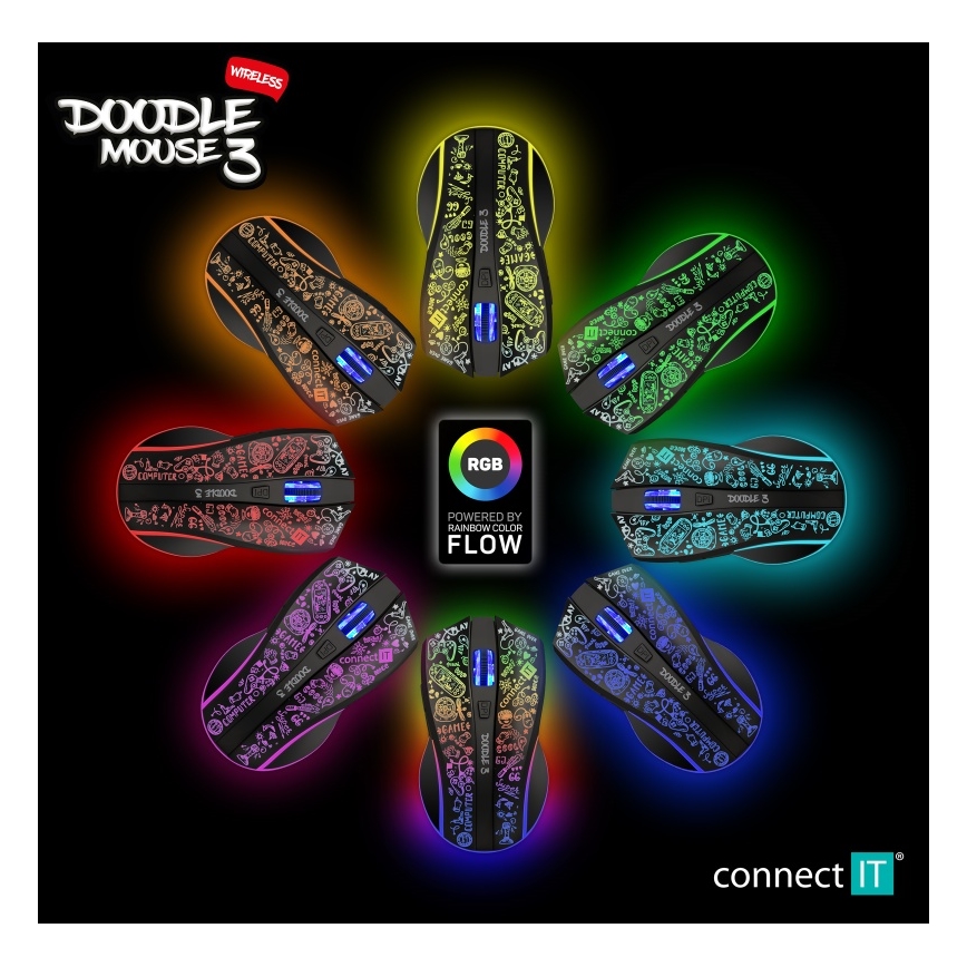 CONNECT IT CMO-3530-DD - LED RGB Bežični punjivi gaming miš 800/1200/1600/2400/4800 DPI 600 mAh crna
