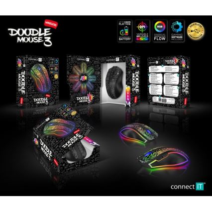 CONNECT IT CMO-3530-DD - LED RGB Bežični punjivi gaming miš 800/1200/1600/2400/4800 DPI 600 mAh crna