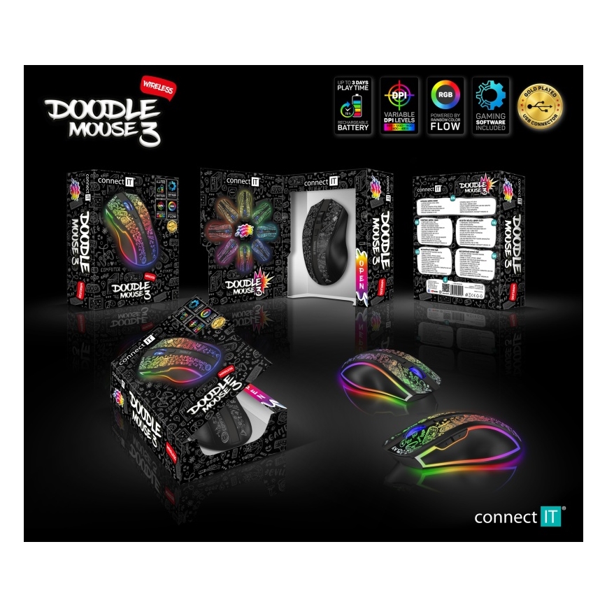CONNECT IT CMO-3530-DD - LED RGB bežična gaming miš s bežičnim punjenjem 800/1200/1600/2400/4800 DPI 600 mAh crna