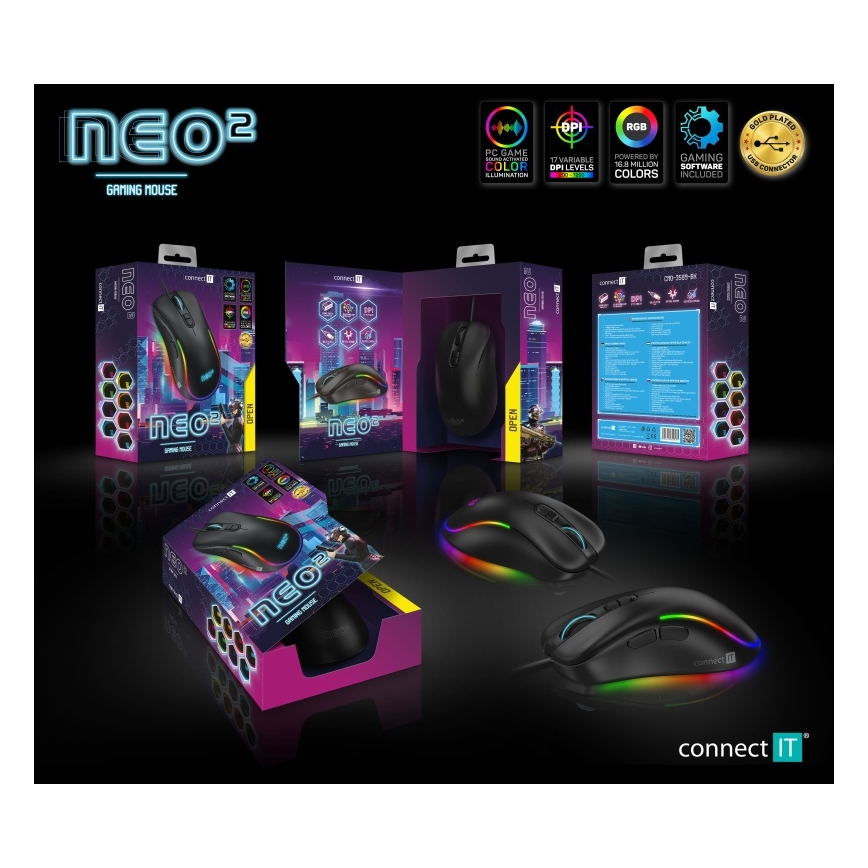 CONNECT IT CMO-3589-BK - LED RGB Žičani gaming miš 200-7200 DPI crna