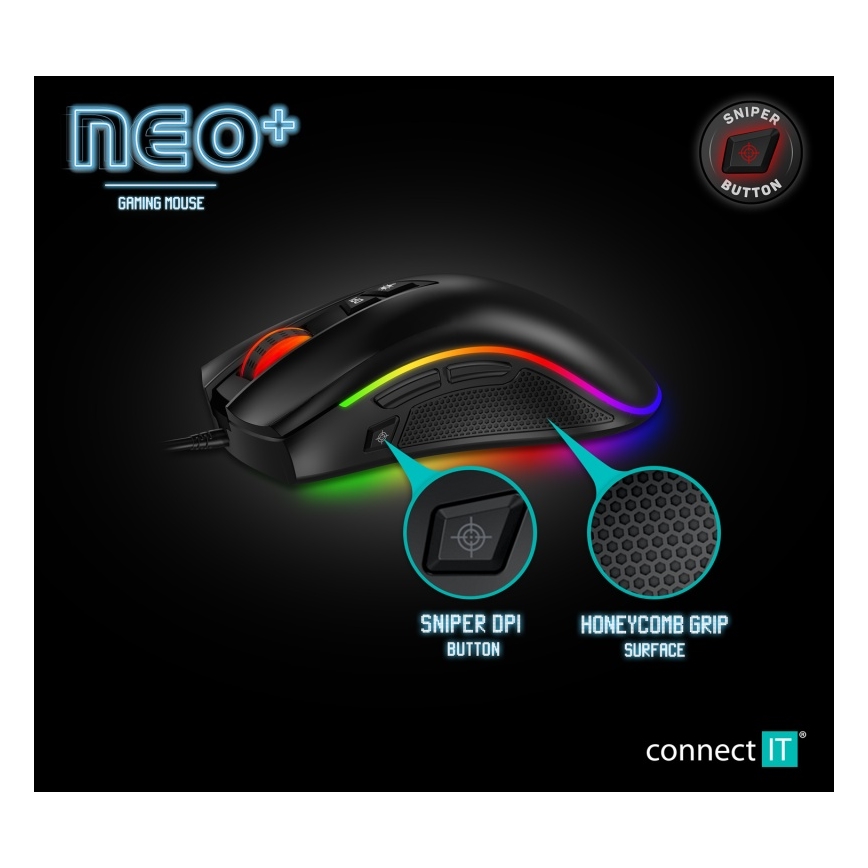 CONNECT IT CMO-3591-BK - LED RGB Žičani gaming miš 500-7200 DPI crna