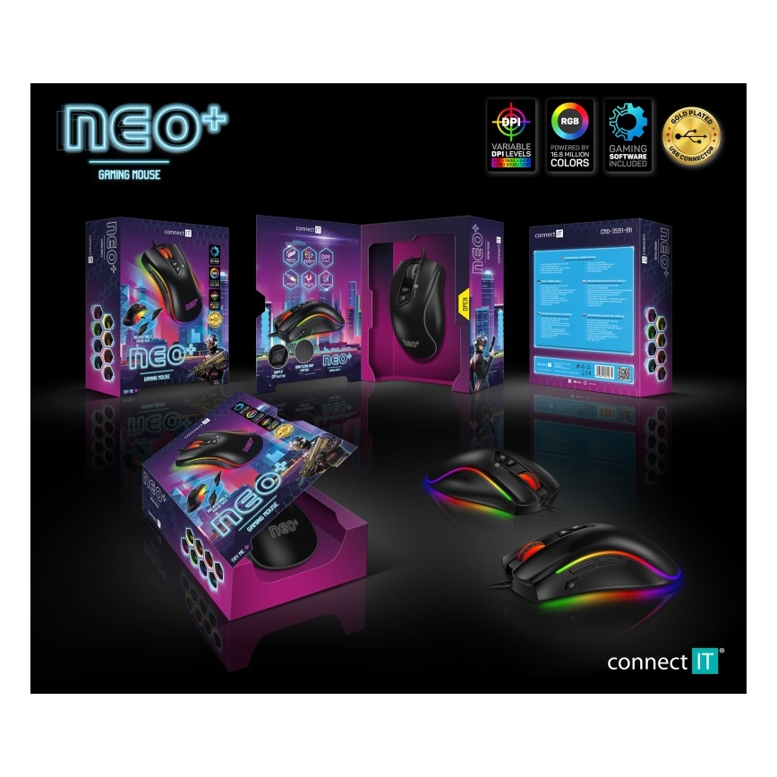 CONNECT IT CMO-3591-BK - LED RGB Žičani gaming miš 500-7200 DPI crna