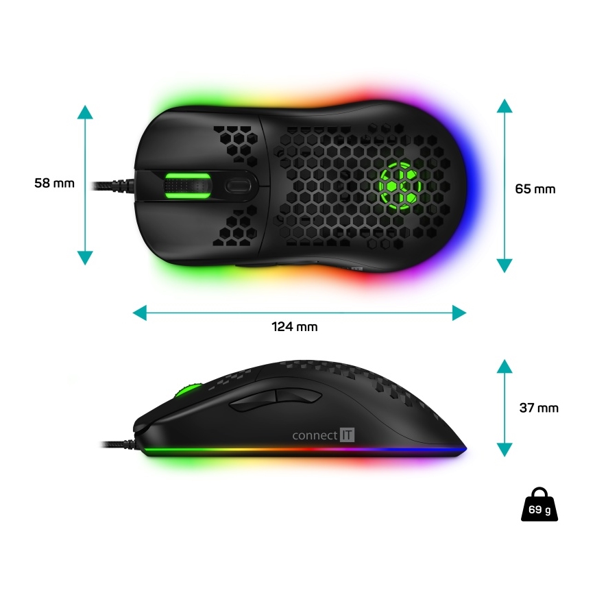 CONNECT IT CMO-5511-BK - LED RGB Žičani gaming miš 200-12800 DPI crna