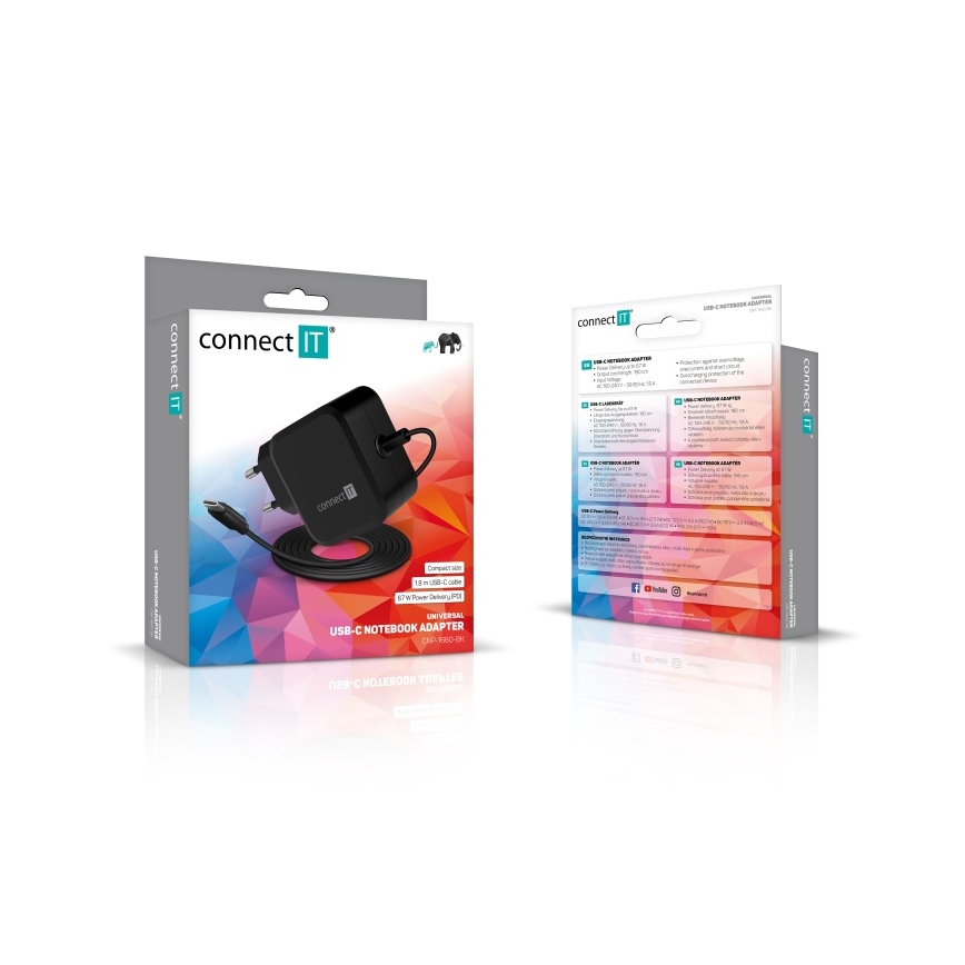 CONNECT IT CNP-1660-BK - Univerzalni napajajući adapter za prijenosna računala USB-C 67W