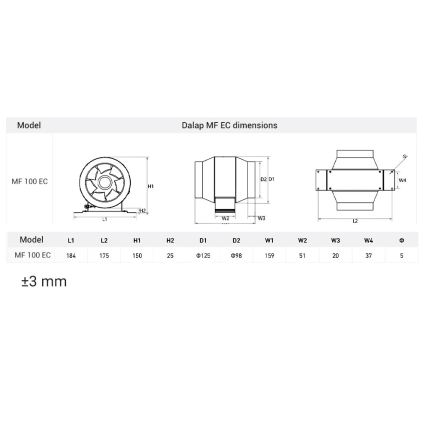 Dalap 24MF100 - Kanalni ventilator s energetski učinkovitim motorom i regulatorom brzine MF 100 EC 18W/230V