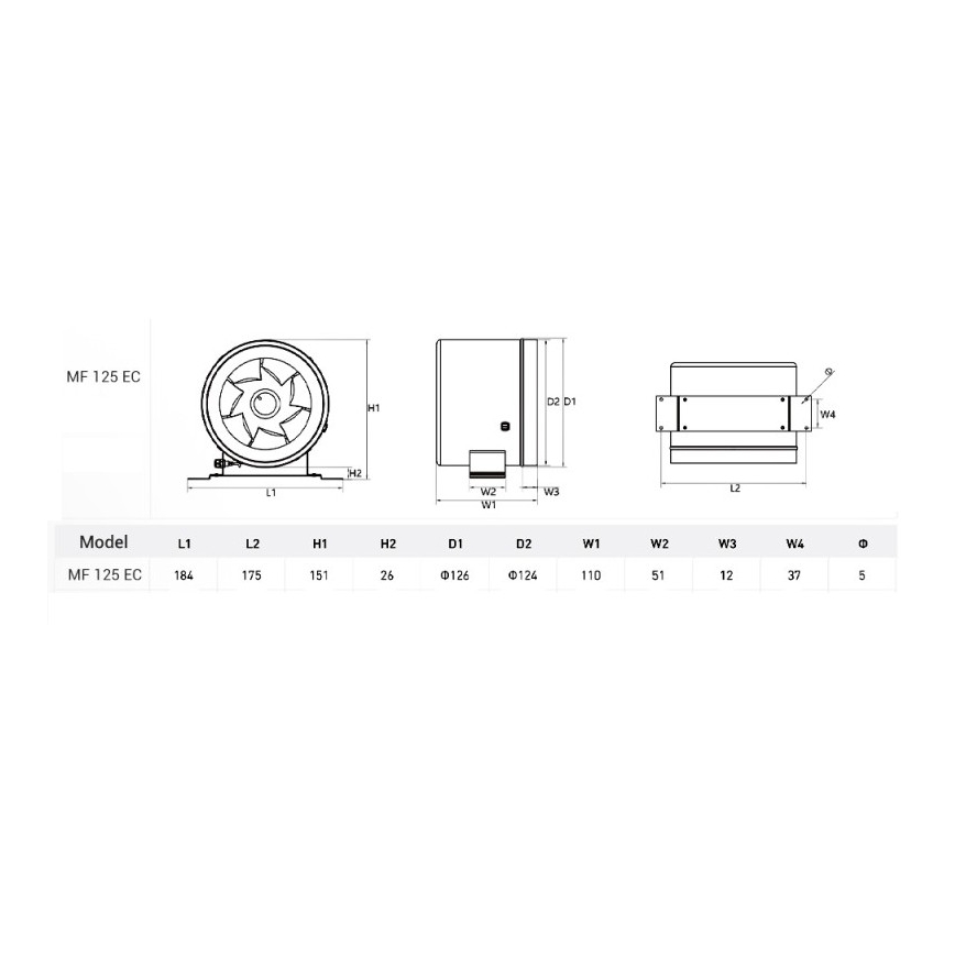 Dalap 24MF125 - Kanalni ventilator s energetski učinkovitim motorom i regulatorom brzine MF 125 EC 20W/230V