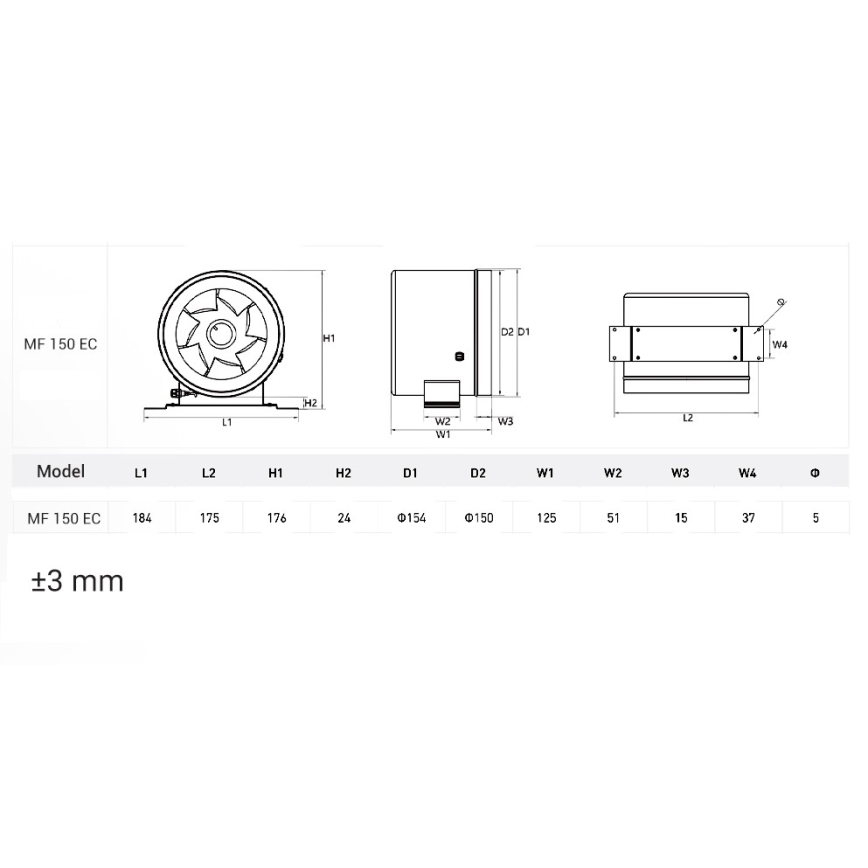 Dalap 24MF150 - Kanalski ventilator s energetski učinkovitim motorom i regulatorom brzine MF 150 EC 40W/230V